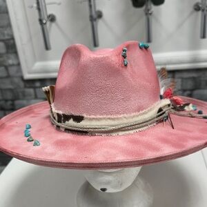 Pink Fedora Hat with Feather and Bead Accents